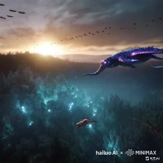 鲸鱼在空中飞，右边怪兽在空中游泳 by Hailuo AI Video Generator