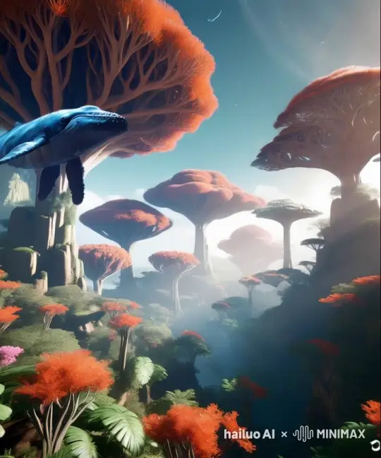 鲸鱼在空中游，植物被风吹晃动，植物中飞出很多褐色飞虫 by Hailuo AI Video Generator