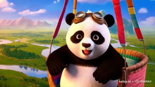"A cute panda, solo, in a hot air balloon, (cartoon style), adorable face, black and white fur, wearing a small aviator hat and goggles, holding onto the basket, floating in the sky, colorful balloon fabric, scenic landscape below, mountains, rivers, green fields, clear blue sky, fluffy white clouds, warm sunlight, vibrant colors, whimsical atmosphere, charming details, joyful expression, dynamic perspective, soft shadows, high detail, illustration, 3D rendering, cinematic lighting by Hailuo AI Video Generator