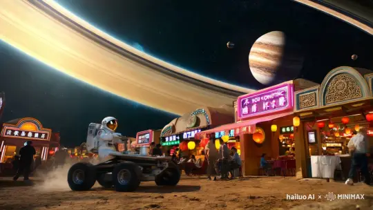一位宇航员开着月球车在土星表面繁华街道行驶，街道两边是火锅店、烧烤店、小吃店等，大背景是土星光环、木星表面图等 by Hailuo AI Video Generator