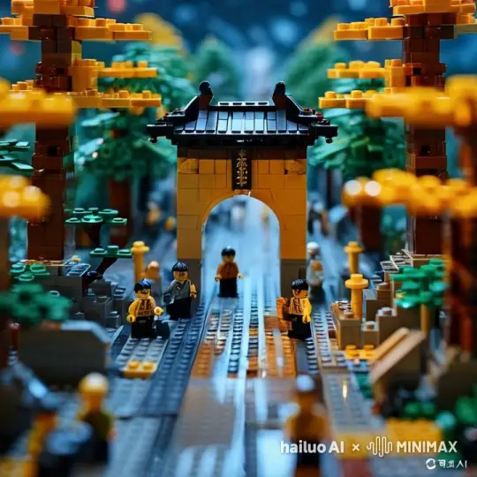 两边树木晃动，乐高人来来往往，天上白云飘动 by Hailuo AI Video Generator