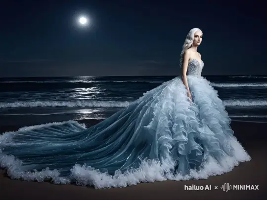 海浪涌向岸边，海浪组成了女人的裙子，裙子像海水一样涌动 by Hailuo AI Video Generator