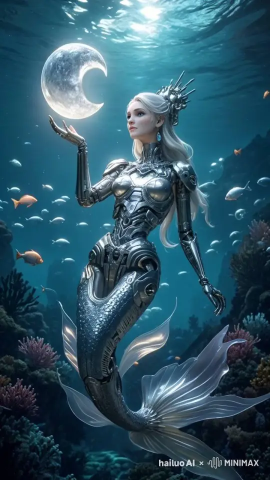 海底，美人鱼手托月亮在游动 by Hailuo AI Video Generator