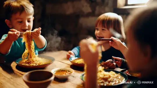 幼儿吃面视频 by Hailuo AI Video Generator