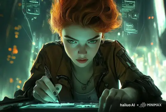 静止镜头，女人停笔张嘴露出惊讶的表情 by Hailuo AI Video Generator