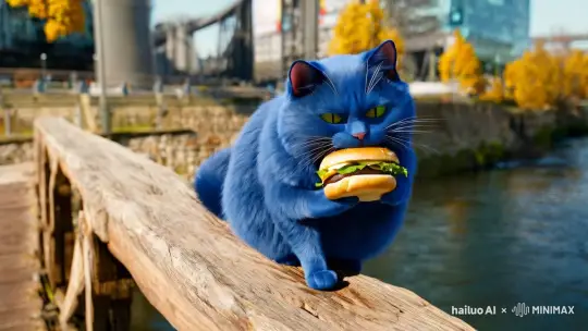 一只蓝色的胖猫吃麦当劳不小心掉进了河里 by Hailuo AI Video Generator