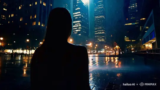 美丽的女子在城市中的剪影，天气正在下小雨，慢镜头 by Hailuo AI Video Generator