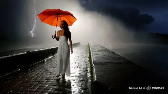 狂风暴雨夜晚，天空中乌云，一个打着橘黄色伞穿着白连衣裙的美女行走在用石头铺设的漫水桥上，桥的边沿是平的，没有凸起的。洪水大有漫过之势。美女显得是那样孤独无助，月亮若隐若现。 by Hailuo AI Video Generator