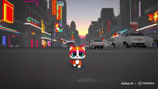The video is depicted in pixel style with an 8bit canvas depicting a kitten walking down a busy street. The avatar displays the holographic inscription Volatility, 3 September 2024 and the beautiful signature Ludma below. by Hailuo AI Video Generator