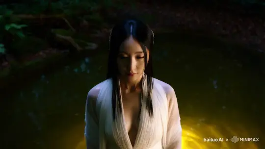 在一个微暗的夜晚，深林中的水池散发着神秘的光晕。一位身穿抹胸白色裙子的古风美人半身浸在水中沐浴，露着肩膀和锁骨。镜头从水池上方缓缓下降，聚焦在她精致的五官上，美丽细致的眼睛在光影中闪烁。她微湿的黑色长发贴在身上，白色古风衣服轻轻飘动。运镜围绕着美人旋转，捕捉她每一个动人的瞬间，展现出真人般的真实感和立体感。整个画面以 4K 画质呈现，仿佛一幅大师之作的杰作，让人陶醉其中。 by Hailuo AI Video Generator