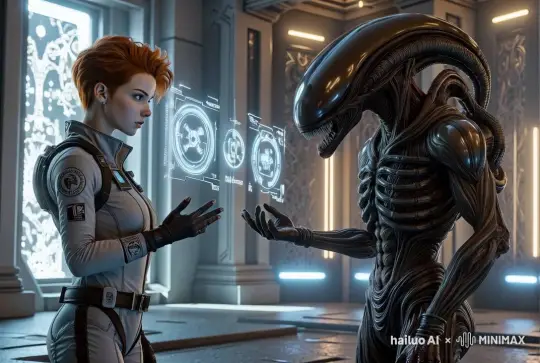Elisa,dressed in sleek space exploration gear,engages in a tense negotiation with an futuristic xenomorph diplomat inside a grand hall,communicates through gestures and holographic symbols. The hall features elaborate alien architecture,with floating lights and symbols,creating an atmosphere of advanced sophistication., by Hailuo AI Video Generator
