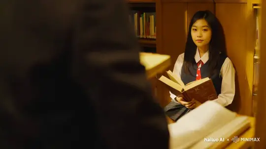 镜头对准一位穿着JK制服的亚裔美女，她坐在图书馆的角落，手中拿着一本书，专心地阅读。随着镜头的推进，她抬起头，对着镜头露出一个含蓄的微笑。整个画面静谧而美好，充满了书卷气，色调以暖黄色为主。 by Hailuo AI Video Generator