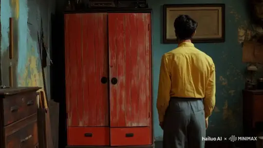 跟随镜头拍摄，男人过去打开红色柜子的门，门外是一片草原，一群绵羊冲击门里，镜头推进，展示男人惊讶的表情。 by Hailuo AI Video Generator
