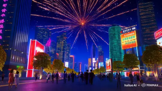 视频展示了夜晚一座城市的繁华景象，街道两旁高楼耸立，霓虹灯广告牌闪烁着五彩斑斓的光芒。人们身着正式服装，缓缓漫步在灯火通明的街道上，不时抬头仰望星空。突然，一道耀眼的光柱从地平线升起，直冲天际，照亮了整个夜空，周围星星点点的流星划过，仿佛一场璀璨的烟火表演，令人目不暇接。整个场景充满了动感与活力，展现出城市夜晚的独特魅力。 by Hailuo AI Video Generator