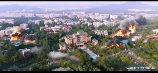 镜头缓缓向前推，硝烟弥漫，树木着火 by Hailuo AI Video Generator