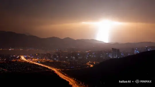 视频展示了在一片漆黑的夜幕下，突然一道璀璨夺目的光线自地平线缓缓升起，犹如破晓的第一缕阳光，瞬间点亮了沉睡中的城市。下方的城市瞬间苏醒，街道上的灯光如同繁星点点，勾勒出城市的脉络，而远处的山脉则在晨曦中显得朦胧而神秘。就在这时，一颗流星划破天际，留下一道长长的光迹，仿佛是夜空的使者，为这静谧的夜晚增添了几分惊喜与浪漫。整个场景如同一幅流动的画卷，充满了梦幻与神秘的气息，让人不禁沉醉其中。 by Hailuo AI Video Generator