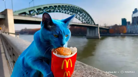 一只蓝色的猫在桥边吃麦当劳 by Hailuo AI Video Generator