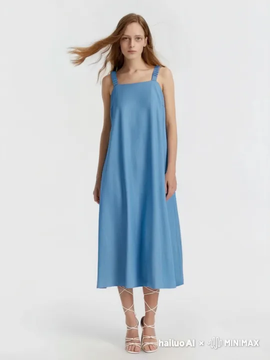 Generate a fashion runway video featuring a model wearing a flowy, light-blue midi dress with wide shoulder straps. The model has long, wavy hair, and she is walking confidently on a minimalist runway. The dress sways gently with each step, capturing the soft and airy texture of the fabric. The runway is well-lit, with a neutral white background, highlighting the vibrant blue color of the dress. The model's sandals feature white straps that wrap elegantly around her legs, creating a chic, modern look. Camera angles alternate between full-body shots and slow close-ups of the dress details, accentuating its movement as she walks. by Hailuo AI Video Generator