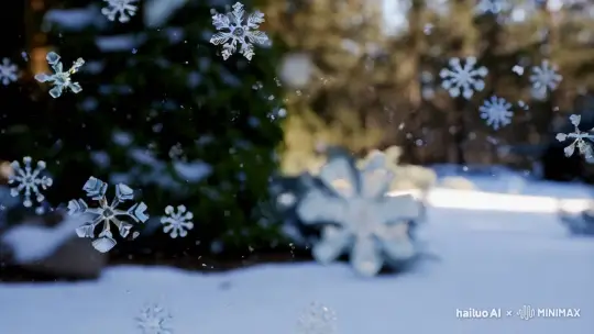 雪花像美丽的玉色蝴蝶，似舞如醉；像吹落的蒲公英，似飘如飞；像天使赏赠的小白花儿，忽散忽聚，飘飘悠悠，轻轻盈盈，无愧是大地的杰作 by Hailuo AI Video Generator