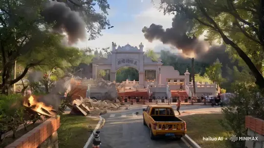 树木着火，硝烟弥漫，汽车大爆炸
 by Hailuo AI Video Generator