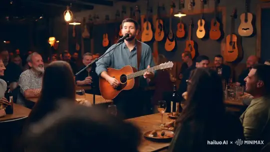 生成大家在livehouse听一位弹吉他唱民族歌曲的男歌手 唱歌 氛围欢快舒缓 大家很开心的交谈 吃吃小吃 喝喝饮料  by Hailuo AI Video Generator