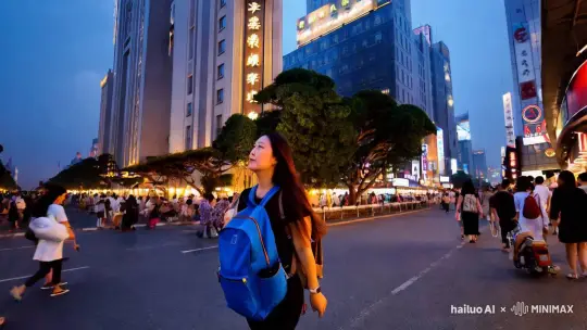晚上，一个中国的美丽的长头发的女人，她走在中国的繁华的街道上，她边走边抬头看着高楼，她的周围人来人往，她背着一个蓝色的双肩包，风把她的头发吹了起来 by Hailuo AI Video Generator