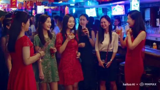 晚上，一群中国的美丽的女人在热闹的酒吧里喝酒，有的人在开心的聊天，有的人跟着欢快的音乐跳舞，有的人在哭泣 by Hailuo AI Video Generator