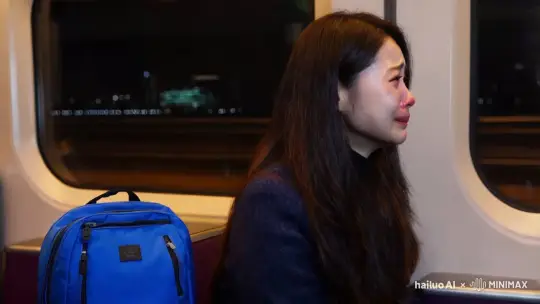 晚上，一个中国的美丽的长头发的女人，她坐在中国的高铁里，她在看着窗外的夜景，她在伤心的哭泣，她旁边放着一个蓝色的背包 by Hailuo AI Video Generator