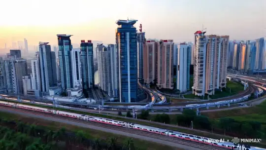 晚上，中国的高铁离开繁华的城市，高楼渐渐消失，视频的镜头是远景 by Hailuo AI Video Generator