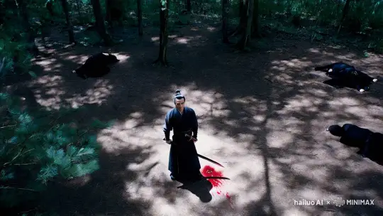 镜头一开始俯拍一片神秘的林中空地，一位中国古代侠客独自站在空地中央。周围的树木投下斑驳的阴影。镜头开始缓缓下降，并围绕他盘旋，随着视角的变化，可以看到他手中的长剑在微微颤抖，剑尖向下，剑身上还残留着未干的血迹，地上躺着几个黑衣人，镜头继续环绕，从侧面滑过，逐渐拉近，捕捉到他坚定的侧脸。可以看到他微微咬紧的下唇，脸上几缕散落的头发被汗水浸湿，贴在额头上。随着镜头绕到他的正面，画面变得更加紧凑，焦点逐渐集中在他的脸上。此时，背景中的森林已经模糊成一片黑影。镜头最终停在了他的正面特写，聚焦在他锐利的眼睛上。月光打在他的脸上，勾勒出他脸上的每一个细节。 by Hailuo AI Video Generator
