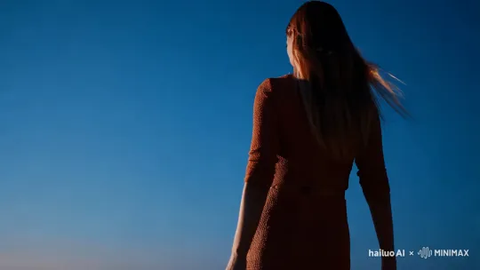 向远处走去的美女背影，从头到脚全身可见，背景为纯蓝色 by Hailuo AI Video Generator