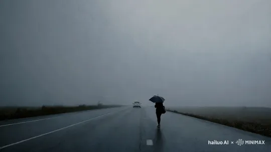 真实场景，道路监控视角(固定)，雨雾霾极端天气，一辆汽车由远到近缓慢行驶而来，旁边不能建筑物，雨点可见，路上一个打伞的行人艰难行走，雨点打在行人身上
要求，路上汽车不宜过多，行人1-2个即可 不要多 by Hailuo AI Video Generator