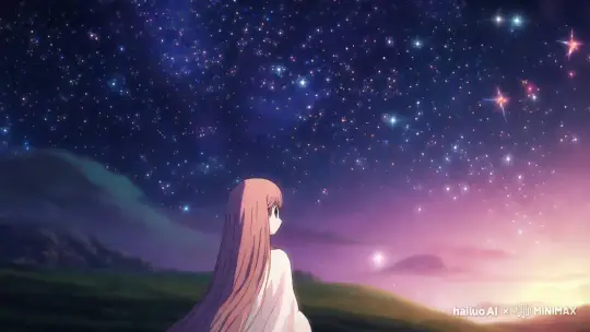 A highly detailed anime-style illustration of a serene night scene with a vast starry sky, featuring constellations and shooting stars. In the foreground, a young girl with long flowing hair, dressed in a light, ethereal gown, stands with her face turned up towards the sky. Her dress seems to blend with the stars, and her eyes sparkle with the reflection of the night sky. The scene has a dreamlike quality, with soft pastel tones of blues, purples, and pinks. The stars give off a soft glow, and the girl appears to be in quiet contemplation, as if connected to the vast universe. by Hailuo AI Video Generator