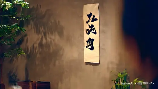 场景布置：根据图片中的描述，布置一个室内场景。确保背景墙上挂有书法作品。如果可能的话，复制图片中的书法内容，或者使用类似的书法作品。
人物造型：找一个穿着黑色T恤的光头男子，或者根据需要调整服装和造型。
茶具准备：准备一套茶具，包括茶壶、茶杯、茶盘等。
2. 拍摄阶段
开场镜头：从书法作品开始，慢慢拉近到坐在桌前的男子。
泡茶过程：记录男子泡茶的过程，包括烧水、烫杯、投茶、冲泡等步骤。
品茶时刻：拍摄男子品茶的表情和动作，可以加入一些特写镜头，如茶汤的颜色、茶具的细节等。
互动环节：如果需要，可以加入一些与观众的互动，比如介绍茶文化、分享品茶心得等。
3. 后期制作
剪辑：将拍摄的视频素材进行剪辑，确保视频流畅、有节奏感。
配乐：选择合适的背景音乐，可以是轻柔的古筝曲或者自然的声音，如流水声、鸟鸣声等。
字幕：添加字幕，介绍茶文化、泡茶步骤或者品茶心得等。
特效：适当添加一些特效，如茶香飘 by Hailuo AI Video Generator