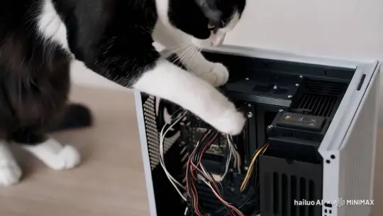 一只奶牛猫正在修电脑主机 by Hailuo AI Video Generator