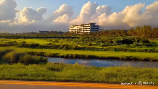 视频展示了宁静的自然风光，天空中悠闲地飘着几朵白云，金色的阳光穿透云层，洒向大地。远处，一栋现代多层建筑矗立在绿色植被之中，与自然和谐共存。画面中央，一条清澈的河流蜿蜒流淌，河岸两侧绿草如茵，生机勃勃。前景中，一条宽阔的道路延伸至远方，路面上清晰可见黄色的条纹，引导着观众的目光探索这片宁静之地。整个场景充满了和平与宁静的气息，仿佛邀请着人们来此漫步，享受大自然的美好。 by Hailuo AI Video Generator