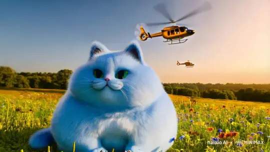 画一个比较胖的蓝色的猫和科比在开直升飞机在天上 by Hailuo AI Video Generator