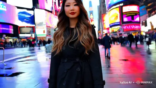 镜头缓慢拉远，一位亚裔长发大波浪年轻女性穿着黑色时髦风衣，黑色包臀裙，黑色丝袜，脚穿黑色高跟鞋，手挎黑色方形小皮包，行走在夜色中的纽约时代广场之上 by Hailuo AI Video Generator