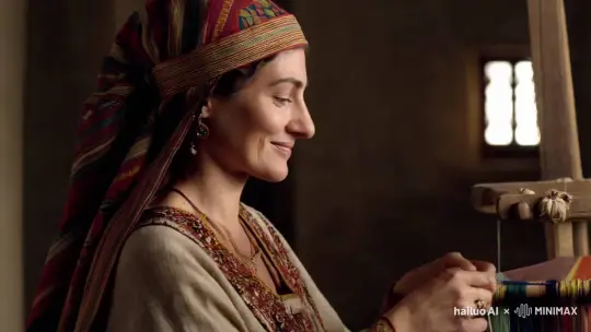 A side profile shot of an elegant phoenician woman in traditional attire, headscarf,  light smiling, Weaving on an ancient loom. Dimly lit background with light coming from the right, illuminating her face and the object in her hand  by Hailuo AI Video Generator