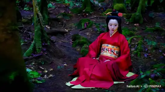 镜头移动: 镜头缓慢跟随考古学家，他在森林中发现了一位身穿汉服的红衣美女。 场景设定: 镜头向上移动，展示女子的美感，然后跟随考古学家靠近。 附加细节: 深邃的眼眸，衣服上有奇怪的符号。他的火炬发出微弱的光芒，投下温暖奇幻的光，空气中弥漫着迷惑的气息。 by Hailuo AI Video Generator