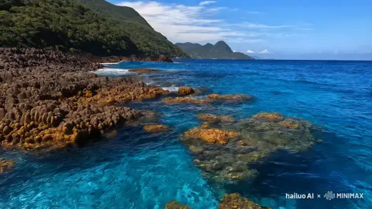 视频展示了清澈见底的蓝色海水，阳光穿透水面，照亮了水下的岩石和色彩斑斓的珊瑚，生机勃勃。远处，郁郁葱葱的山丘如同绿色屏障，与海天相接。天空一片湛蓝，只有几缕轻纱般的白云点缀其间。前景中，粗糙的岩石海岸线延伸至视野尽头，波浪轻轻拍打着岸边，呈现出大自然的静谧与壮丽。整个场景宛如一幅生动的海洋画卷，令人心旷神怡。 by Hailuo AI Video Generator