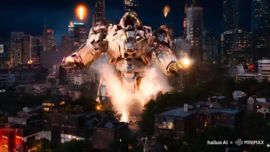 A tech monster was roaring in the city, and many missiles exploded on his body, and the tech monster slowly fell to the ground, and the image pulled to his face, and he was spitting out unwillingly by Hailuo AI Video Generator