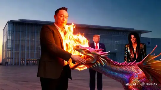 马斯克站在推特公司旁边手里面抓着一条喷火的胧胧的后面站着特朗普普朗普身后站着迈克尔杰克逊 by Hailuo AI Video Generator