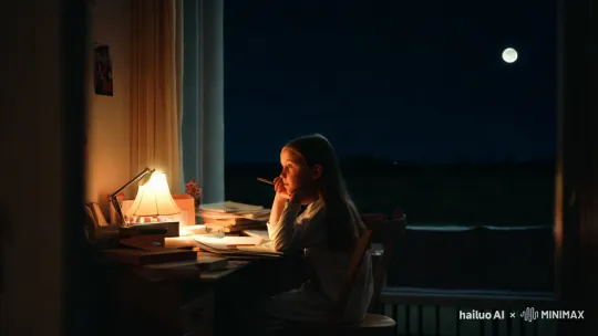 夜深人静，镜头是窗户外，窗户里面房间旁边是黑的，书桌前有着温馨的暖色灯，女孩正在对着作业，胡思冥想，用铅笔撑着下巴，房间的布置很温馨，有点复古风，书桌有点杂乱堆着试卷和书 by Hailuo AI Video Generator