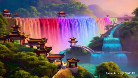玄幻七彩祥云瀑布。小桥流水亭台楼阁 by Hailuo AI Video Generator