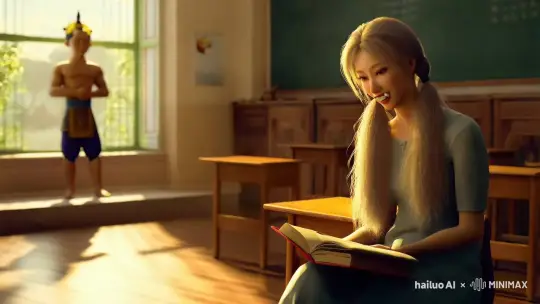 A 30-year-old girl, beautiful, with fair skin, pure, tied with pigtails, slightly protruding front teeth, slim and beautiful, quietly reading in the classroom, with Sun Wukong outside the window. by Hailuo AI Video Generator
