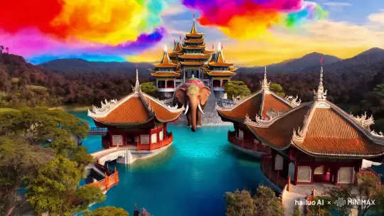 楼台六座，廊桥曲径回，水下城堡，七彩祥云，原驰蜡象，惟余莽莽
 by Hailuo AI Video Generator