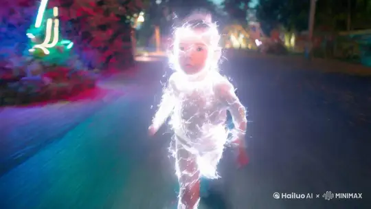 画面中的小孩，快速向镜头跑来，眼睛里冒出白色的电光，然后全身被电光包围，越跑越快，两边的景物快速向后飞去，动态模糊形成时空隧道 by Hailuo AI Video Generator