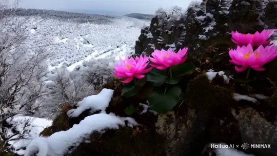 老森林里，粉色雪莲花长在悬崖峭壁上。其花呈粉色，两朵花苞紧紧挨在一起，长在岩石边，增添自然美。白雪覆盖了一切，白茫茫的一片全是只露出了粉色的花朵，好看极了。茫茫大雪覆盖了一切只露出花朵。高清拍摄 by Hailuo AI Video Generator