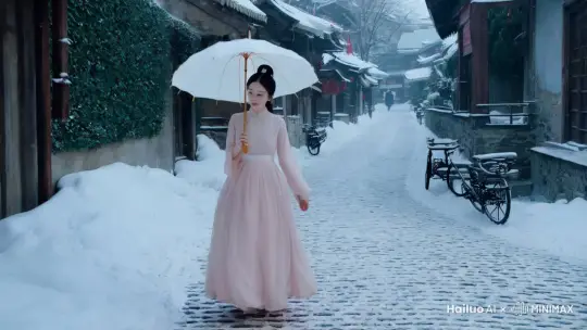 第一段：江南雪巷少女初临
江南小镇，雪花纷纷扬扬飘洒而下，青石板路覆上银白，屋檐红灯笼于风雪中轻晃。一位身着淡粉色罗裙的少女，手持油纸伞漫步街头。少女面容姣好，眼眸灵动含好奇，于这雪中小镇似在探寻新奇。画面整体风格唯美、宁静，以细腻笔触描绘江南雪景与少女形象，色调淡雅冷冽，注重展现少女的神态与周围环境的融合。
第二段：幽巷笛音逢遇知音
少女踱步至幽僻小巷，雪花在巷内飞舞盘旋。此时，悠扬笛音传来，如泣如诉，于清冷雪天格外悦耳。少女循声找去，见白衣公子于巷尾老树下吹笛。公子身姿优雅，气质超凡脱俗，散发宁静气息。少女听得沉醉，待曲毕轻声夸赞。公子抬眸望少女，两人相视展笑，仿若于天地间寻得心灵契合之人。此段着重刻画公子形象与两人初遇瞬间的情感交流，通过环境烘托氛围，突出笛音在相遇情节中的纽带作用，画面有诗意感。
第三段：茶楼暖阁情丝暗生
雪势渐猛，少女与白衣公子同往街边茶楼。入二楼雅间，室内炭火暖烘，小二呈上香茗点心。少女轻掸肩头落雪，坐于窗边赏景凝思。公子凝视少女，关切问询其雪天出游缘由。少女叹诉身世，为官宦千金，厌繁文缛节而偷溜出府游江南小镇，求自在洒脱。公子怜意生，亦述自身乃落魄书生，壮志难酬寄情山水诗乐。两人交谈渐深，情愫悄萌。此部分聚焦于茶楼内两人互动交流场景，细腻描绘表情、动作与对话，展现情感升温过程，环境布置温馨且具江南特色。
第四段：雪霁别君遥盼重逢
雪渐停歇，小镇仿若雪中美境。少女念及家中亲人盼归，起身道别，眼中尽是眷恋不舍，向公子言明归意并期再聚。公子亦起，握少女手温言叮嘱。少女泪目抽手，转身下楼撑伞入雪地，频频回首。公子立茶楼门目送其远去直至消失街角。此刻夕阳余晖洒雪，金黄一片，似诉邂逅美好，亦寓重逢期盼。此段突出离别不舍之情，刻画人物动作神态以传递情感，以雪后夕阳景渲染气氛，给人以回味遐想之感。 by Hailuo AI Video Generator